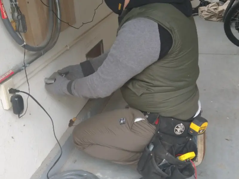 Electrician performing outlet wiring in a Sandstone garage